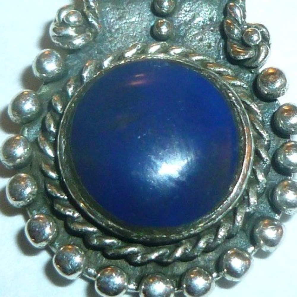 Vintage Sterling Silver Lapis Lazuli Cabochon Pendant Beaded Border‎ Blue Stone